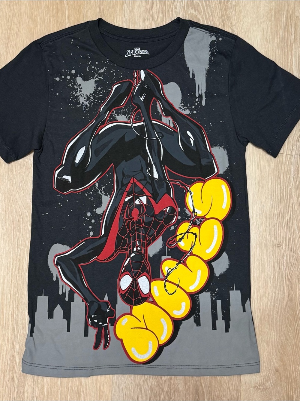 Marvel Spider-Man Miles Morales Black Graphic Tee with Yellow Accent